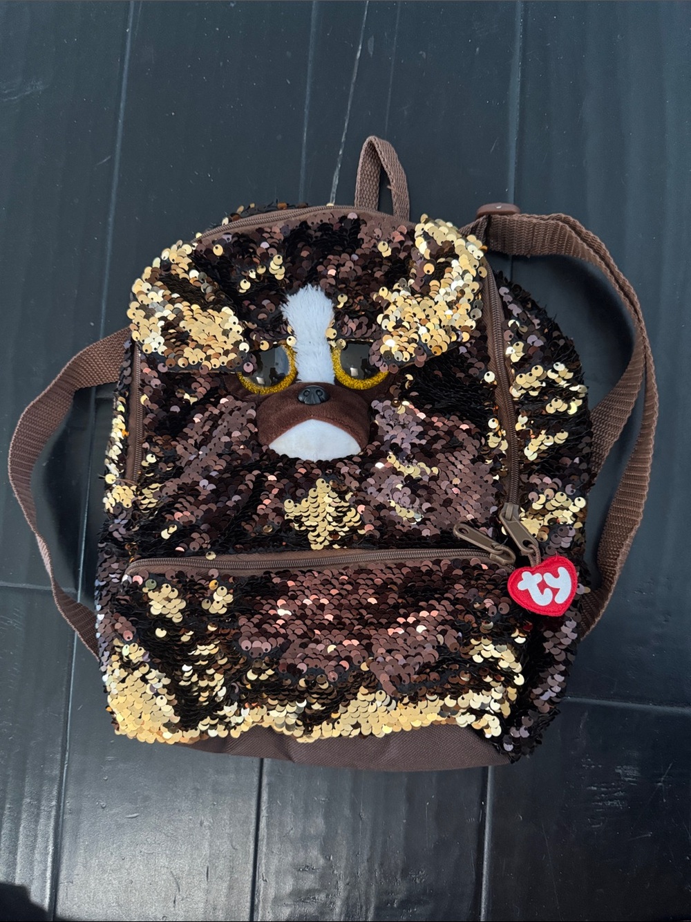 Sequined Brown & Gold Plush Animal Mini Backpack